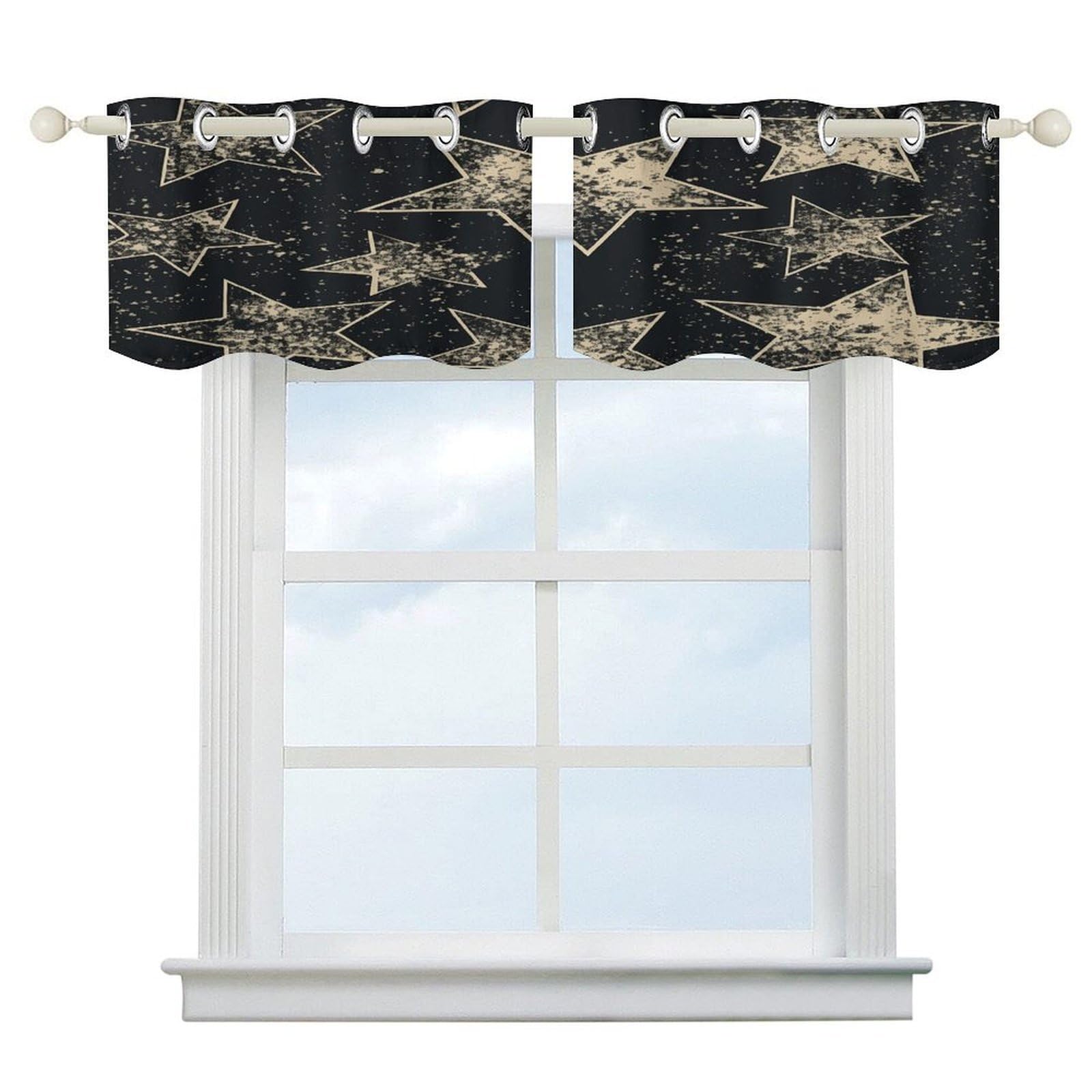 Cortinas opacas de cocina con diseño de estrellas y cenefa moderna para ventana corta