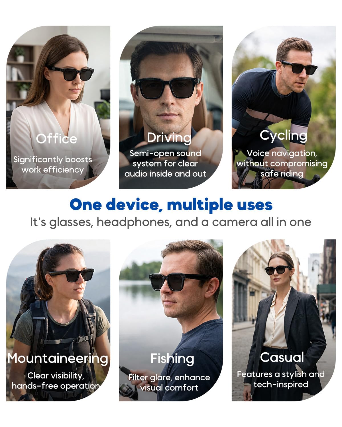 Lunettes Intelligentes avec Caméra et Bluetooth, 8 Mpx, HD 1200P | en Charge L'enregistrement Photo/Vidéo/Audio, La Traduction en Temps Réel, L'assistant Vocal et La Reconnaissance D'objets