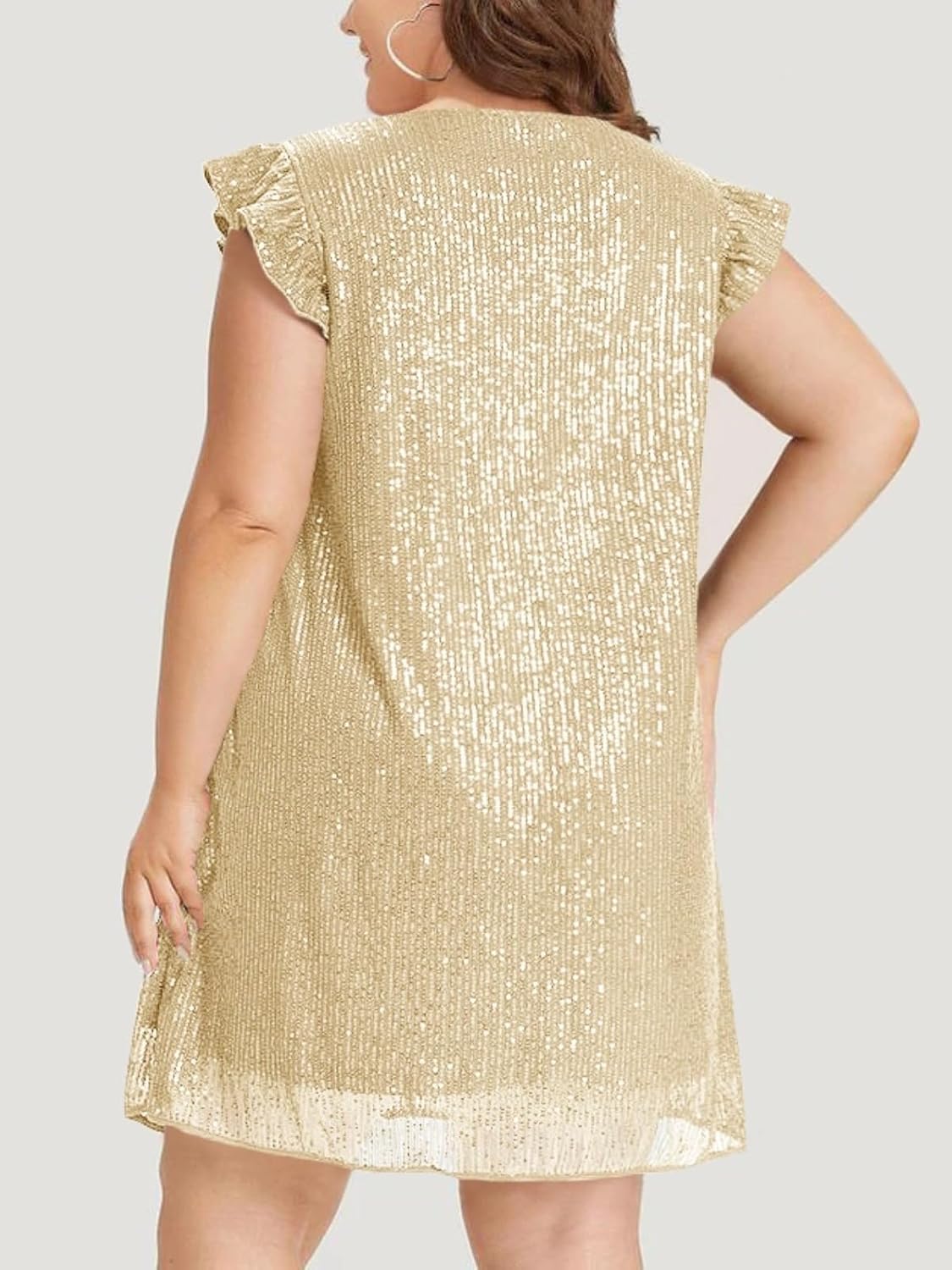 Beautife Women's Sequin Plus Size Mini Dress Ruffle Short Sleeve V Neck Babydoll A Line Glitter Club Party Dresses - Image 4