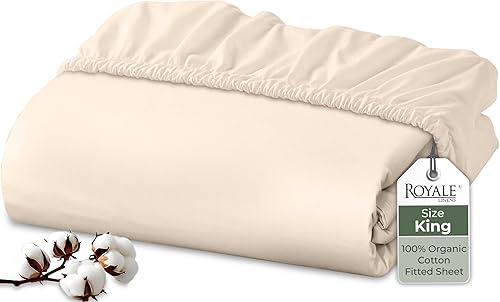 Royale Linens Sábana Bajera 100% Algodón Orgánico - Tejido Percal - Sábana Bajera Súper Suave de Bolsillo Profundo - Sábana Bajera Elástica Tamaño