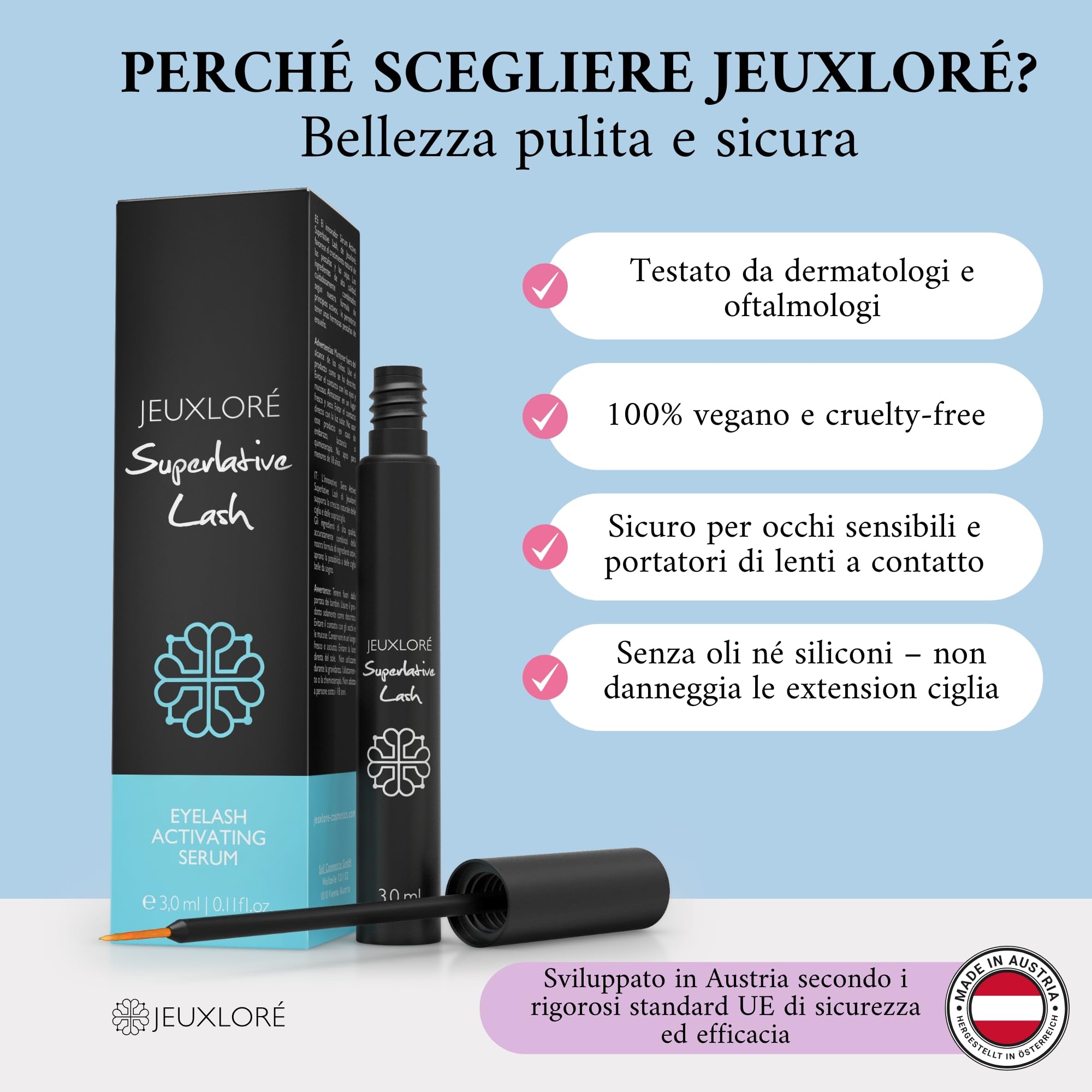 JEUXLORÉ Siero per Ciglia e Sopracciglia – Rinforzante Naturale Crescita Rapida – Ciglia Lunghe e Folte in 4 Settimane – Siero Ciglia Naturale e Nutriente 3ml – Formula Olio di Ricino Biologico