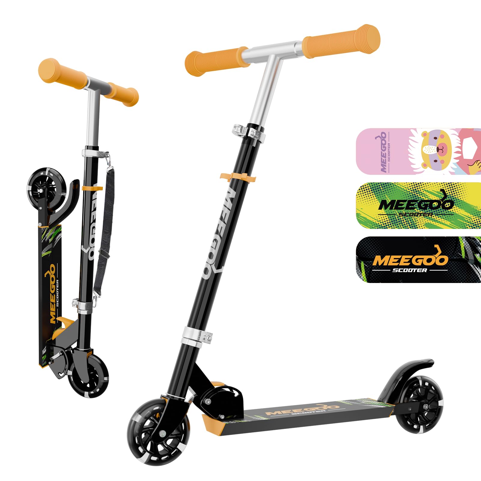 MEE GOO Aluminium Kick Scooter with Light-Up ABEC-7 Wheels & Stem & Deck, with 3 Levels Adjustable Handlebar and Rear Brake for Girls Boys, Lightweight Push Kick Scooter