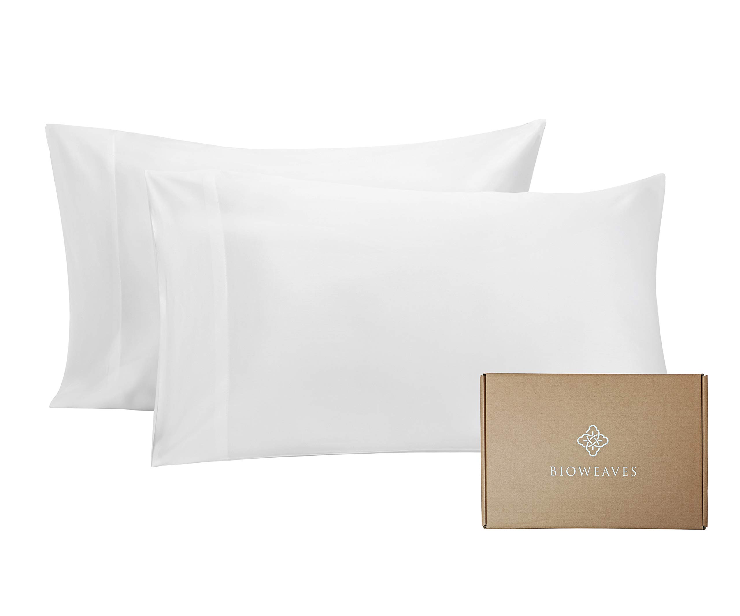 BIOWEAVES100% Organic Cotton Pillow Cases 300 Thread Count Soft Sateen Weave GOTS Certified – Standard/Queen Size, Set of 2, White