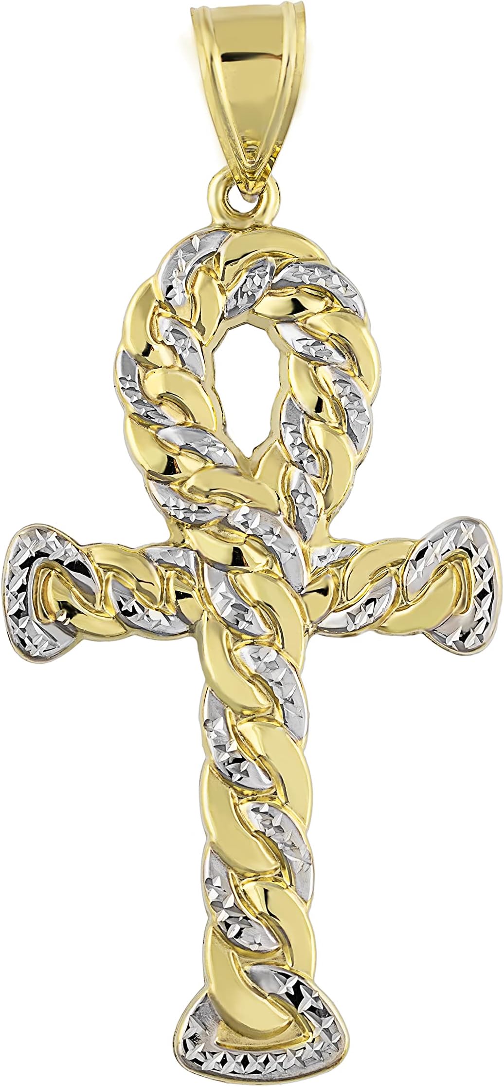 10K Gold Diamond-Cut Ankh Cross Pendant Yellow White Gold