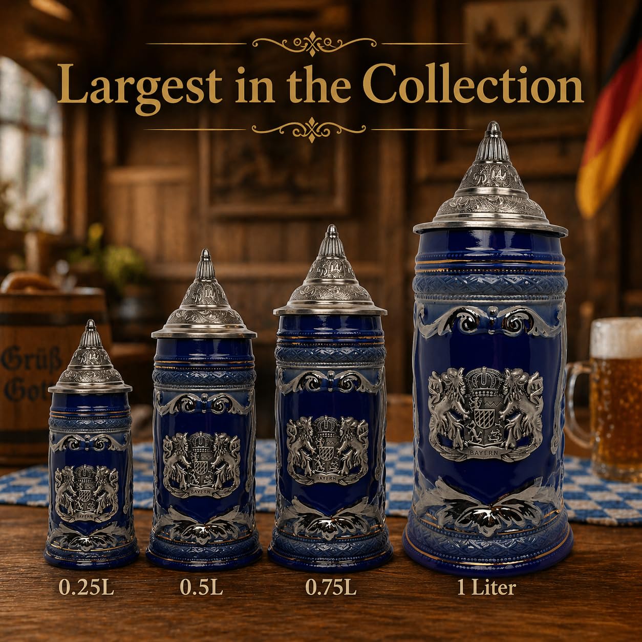 Tazza in ceramica blu cobalto da 1 litro con stemma del Bayern Germany inciso medaglione in metallo e coperchio in metallo ornato
