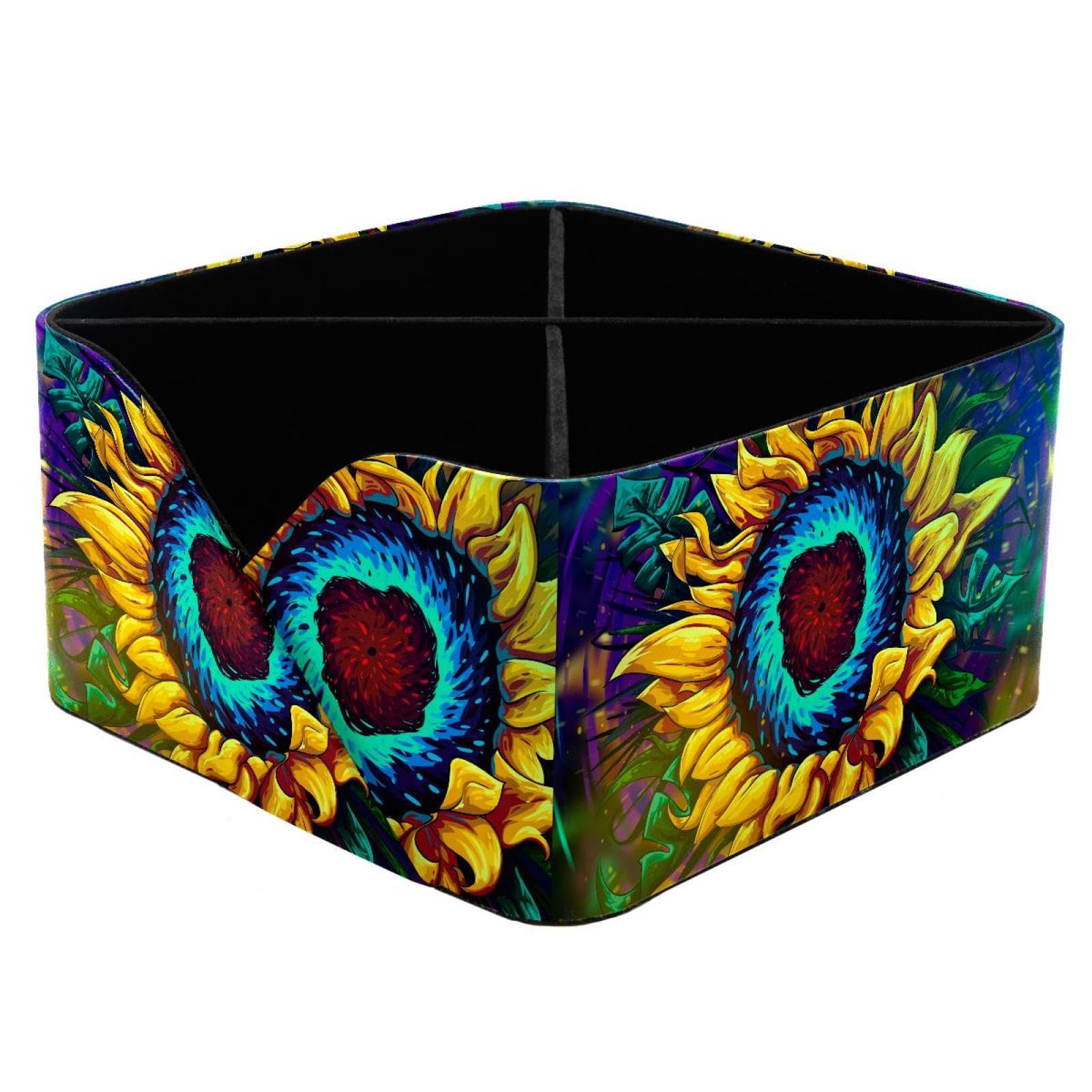 KengjuTesu Sunflower Monstera Leaf Pattern Desktop Organizer Pen Holder, Rectangular Pencil Cup for Office, Study and Makeup Stations