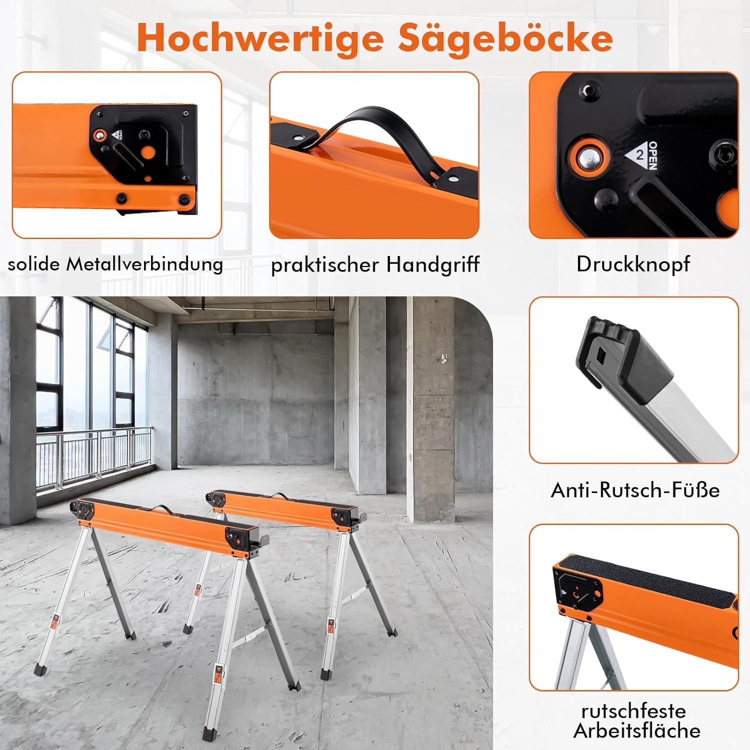 FANTASK 2er-Set Sägeböcke Klappbar, Tragbare Arbeitsböcke, robuste Metall-Sägehilfen Gerüstbock für Holzbearbeitung, Sägebock mit Griff bis 500 kg belastbar