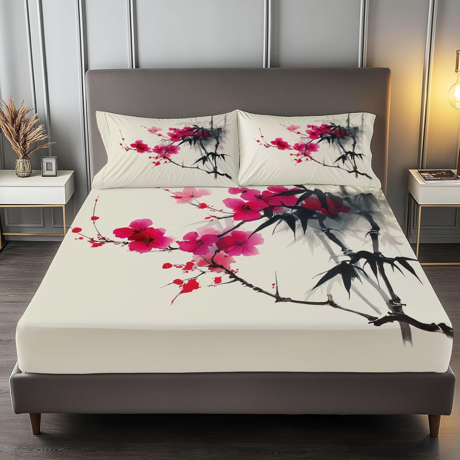 Bettlaken Pflaumenblüte Spannbettlaken 180x200cm Chinesisches Thema für Boxspringbett Weiche Mikrofaser Spannbetttuch 3D Spannbetttücher mit 2 Kissenbezug für Kinder Erwachsene XCW4571