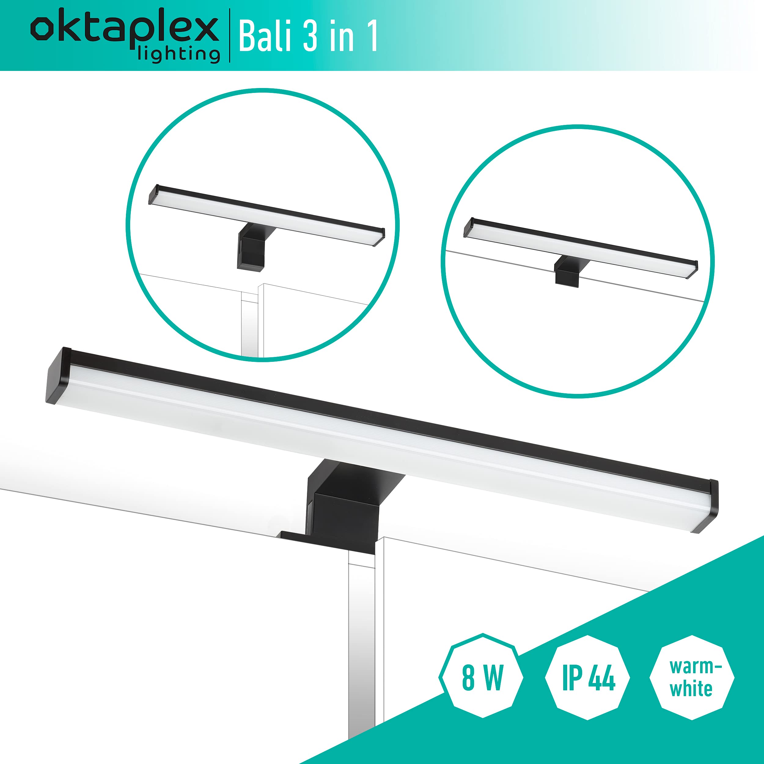 Oktaplex lighting LED Mirror Light Nero 40cm 3 in 1 Montaggio 3000K Bianco caldo 8W 570lm Lampada per specchio da bagno