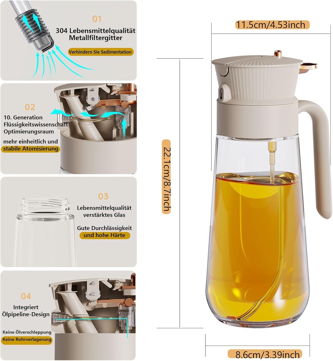 Ölsprayer für Kochen Sprühflasche Olivenöl Zerstäuberflasche aus Glas Feinstaub-Sprühkopf Küchenzubehör, Cremeweiß