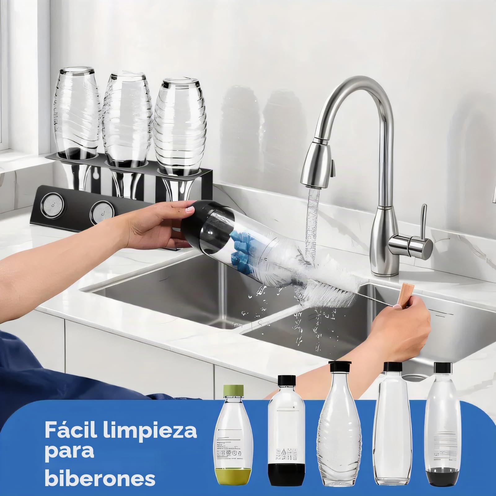 Cepillo limpiabiberones de 31 cm con Cabezal de Esponja Suave, Compatible con Botella de Cristal Sodastream, Limpiador de Botellas sin arañazos, Elimina la Suciedad persistente