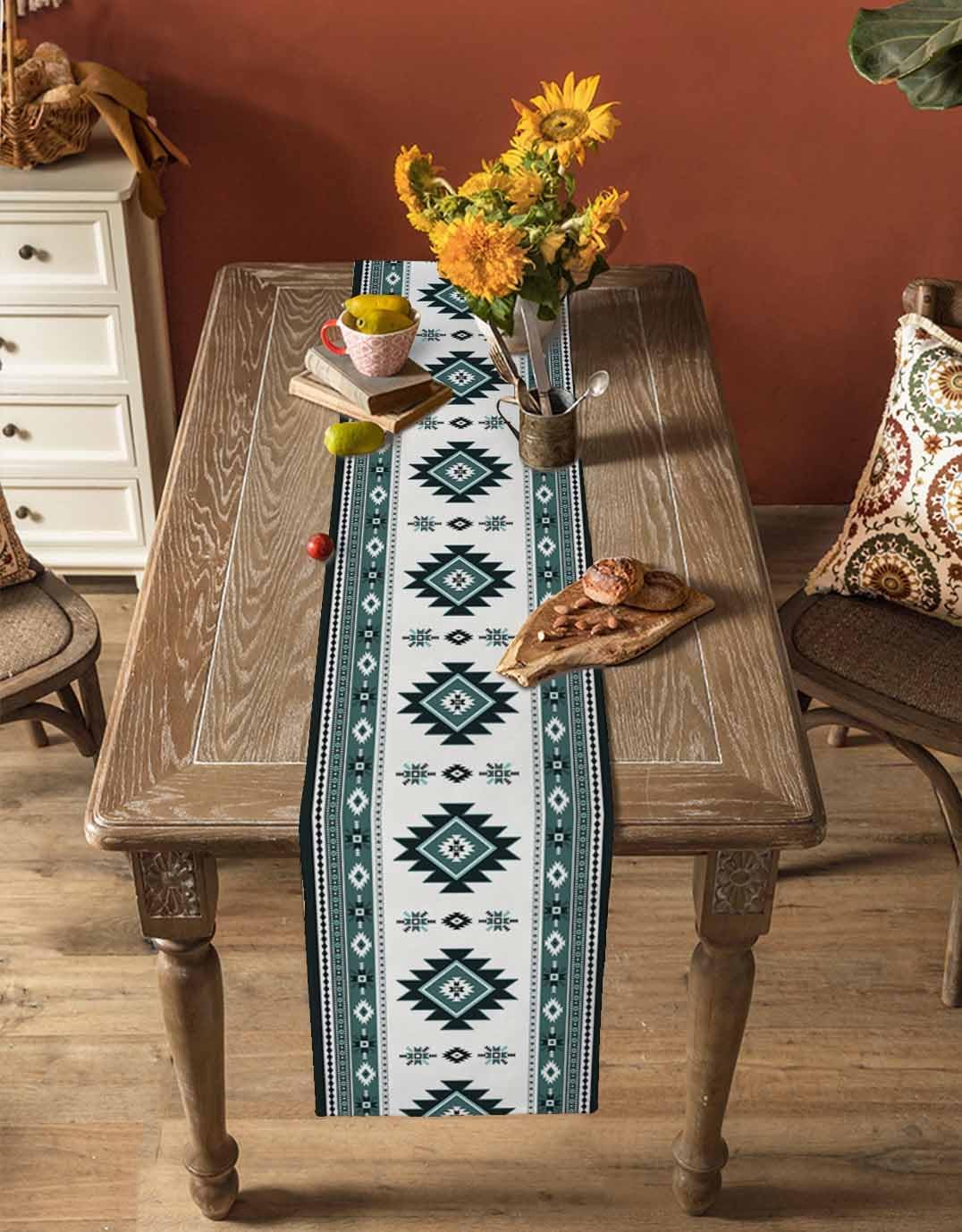 Abstract Cotton and Linen Table Runner, Kitchen Table Runners for Family Dinner, Banquet, Parties and Celebrations, Bohemian Aztec Style Table Decor, 13 x 90 inch