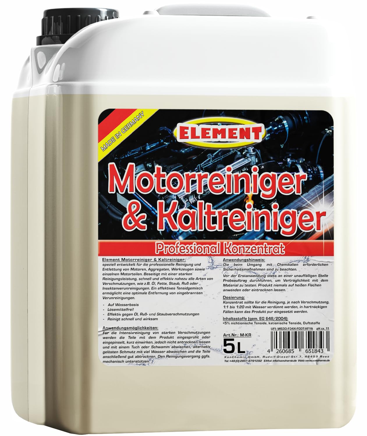 Element 5 litres de nettoyant pour moteur - Concentré économique - Haute puissance de dissolution de la saleté - Nettoyant d'atelier - Nettoyant de pièces - Purificateur à froid - Nettoyant moteur