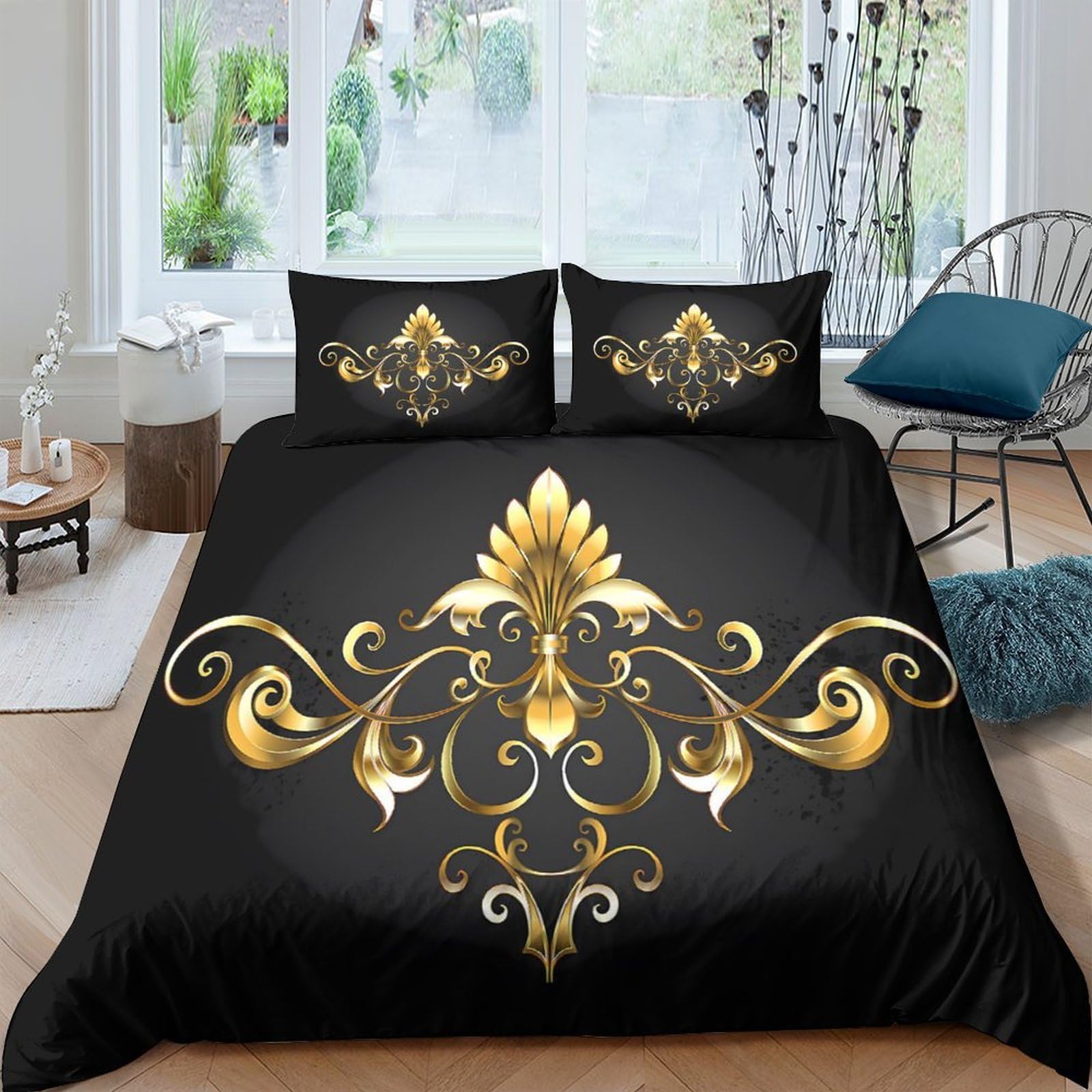 Ctjqhvkz Style-1 3D Printed Baroque Gold Pattern Fitted Sheet Microfiber Soft Black Ornate Swirl Mattress Cover For Bedroom Guest Room Decor Single（135X200cm）