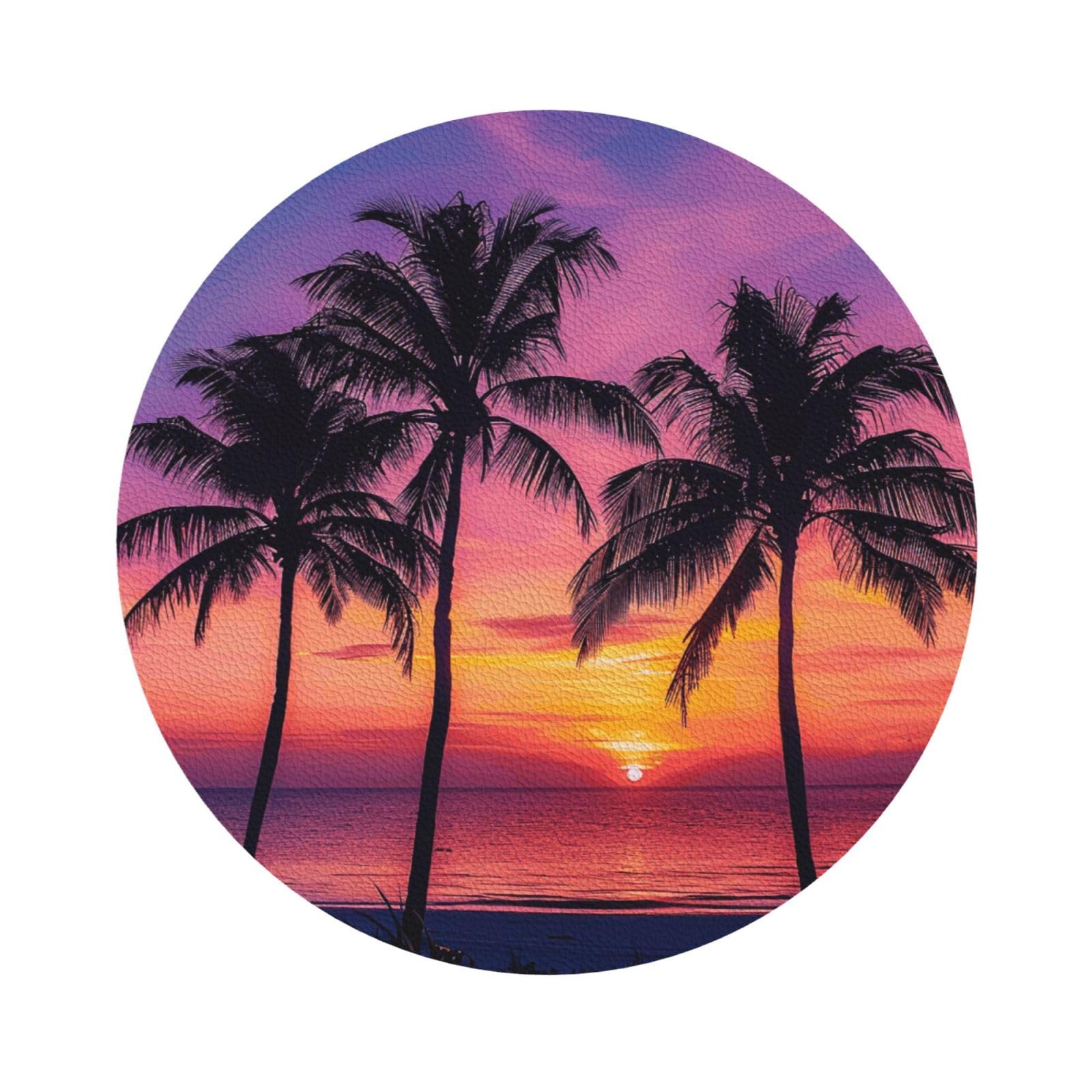 Palm Trees Silhouette at Sunset Printed Coasters for Drinks, Leather Coaster Sets of 4, Funny Coffee Cup Coaster, Absorbent Coaster for Home and Office Kitchen Bar Round Shape