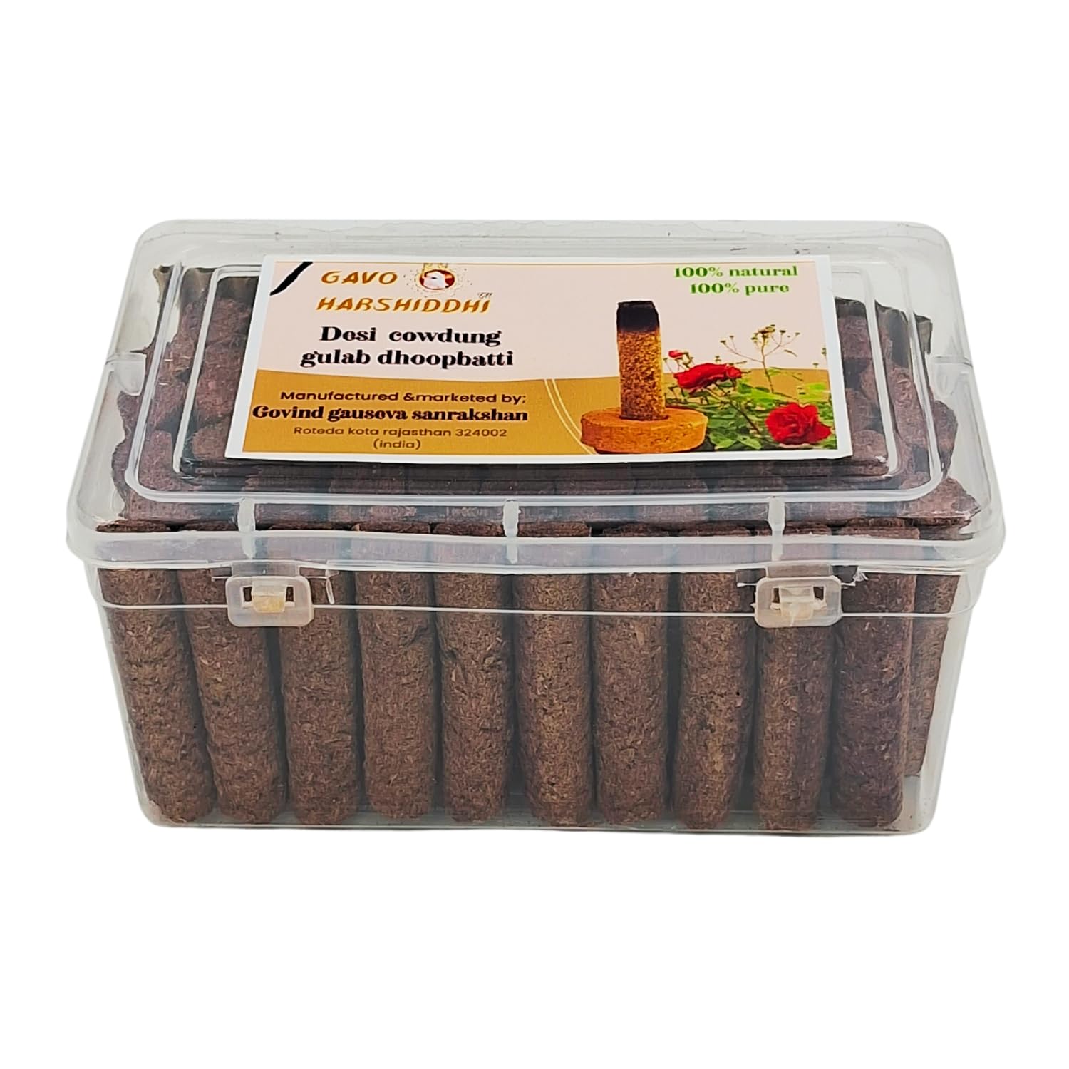 GAVO HARSHIDDHI Natural Cow Dung Spl Gulab Rose Dhoop Batti - 60 Pieces Natural Organic Herbs Incense Dhoop Sticks for Puja Hawan Prayer 2.5 inches