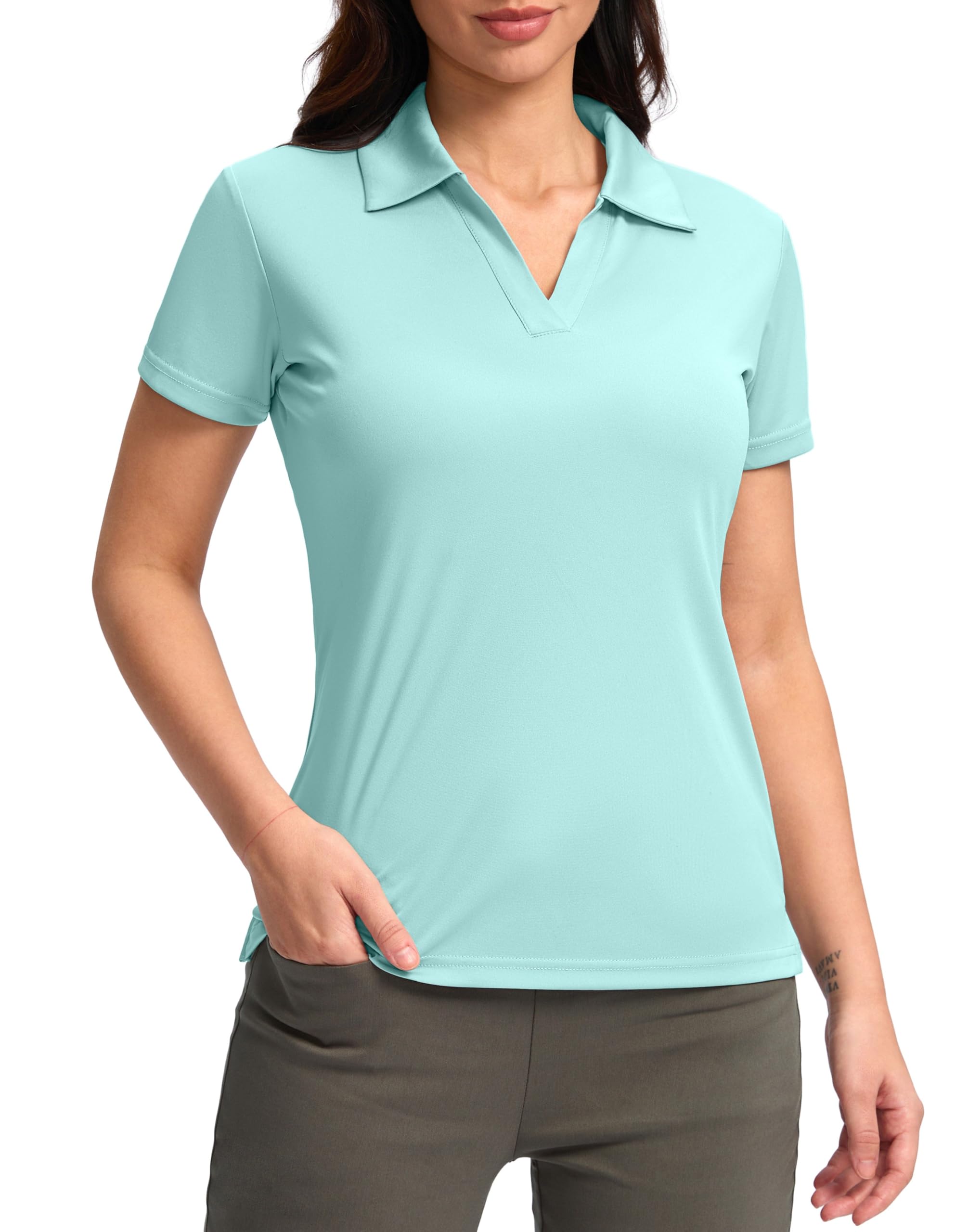 SANTINY Women's Golf Shirt Collared V-Neck Casual Work Tennis Tops UPF50+ Collared Polo Shirts for Women