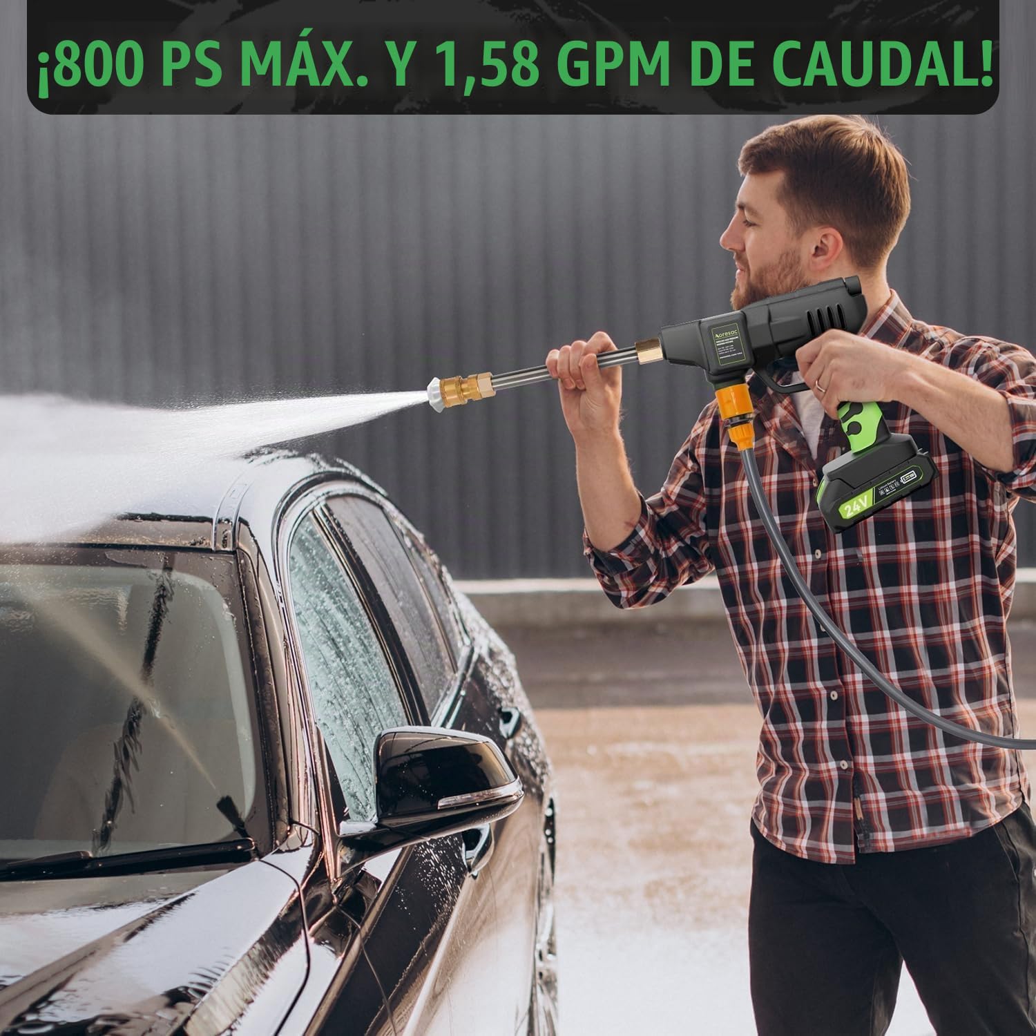 Hidrolimpiadora Inalámbrica, Aoresac 800PSI hidrolimpiadora de Alta Presion con 2 Baterías 2000mAh, Boquilla Multifunción, Adaptador de Grifo para Limpieza de Coches, Motos, Jardín, Terraza