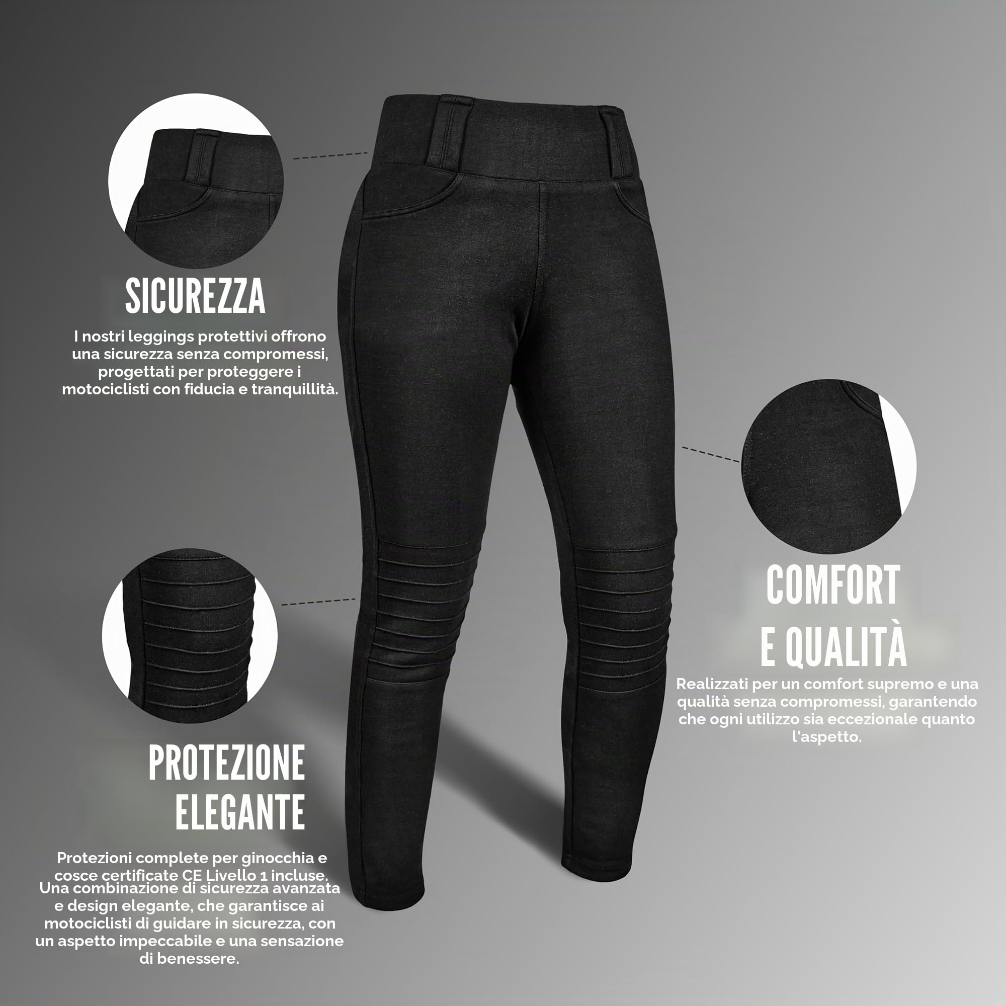 GREAT BIKERS GEAR - Leggings da moto da donna, foderati in Kevlar, protettivi da moto, con armatura CE rimovibile, (gamba corta)