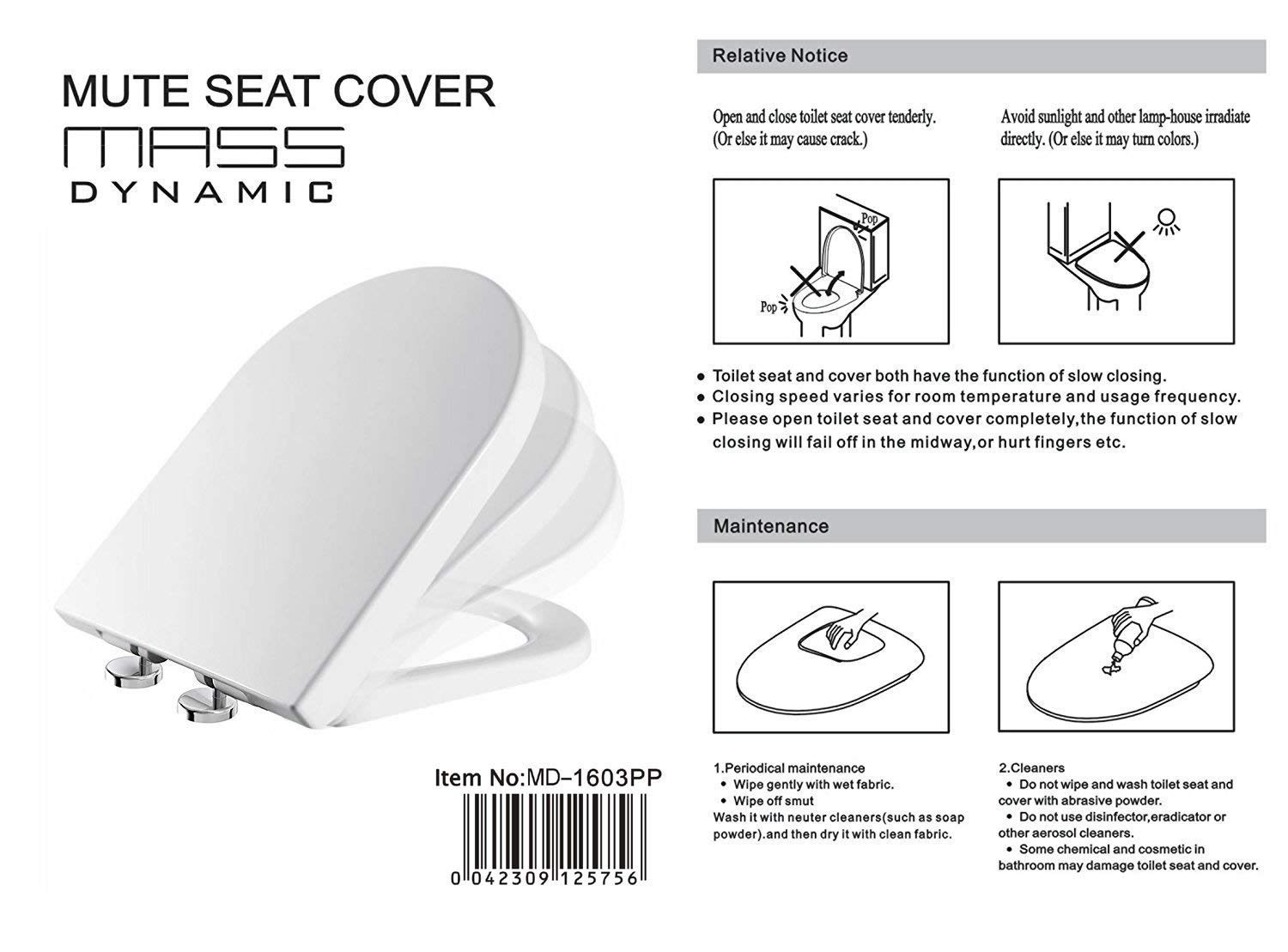 Mass Dynamic White Toilet Seat, Antislam Soft Close Toilet Seat, Quick