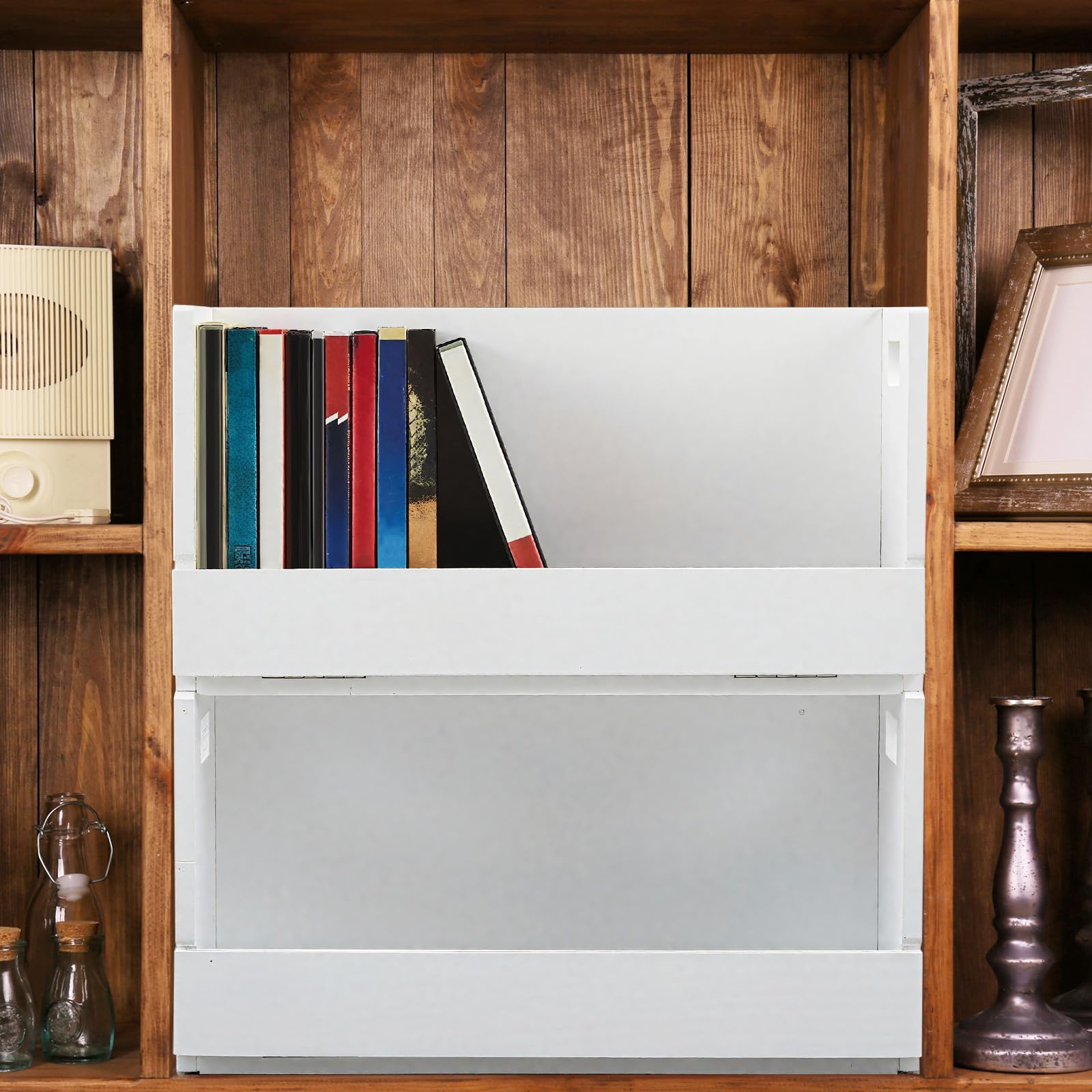CroBlissful Set di 4 scatole in legno per DVD e DVD, in legno massello, con maniglia per il trasporto, per CD, custodie per film, ogni organizer può contenere fino a 26 scatole (bianco)