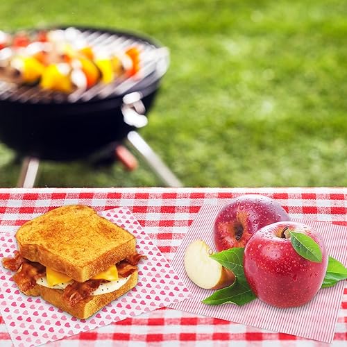 Miniatura 7 de Whaline 150 hojas de papel de cera para el día de San Valentín, diseño de corazón rosa a rayas rosadas, papel de picnic a prueba de grasa,
