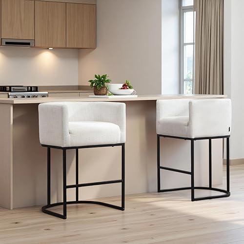 Juego de 2 taburetes de bar de altura de mostrador, taburetes de bar tapizados de tela de lino moderna con brazos, taburete de cocina de 25