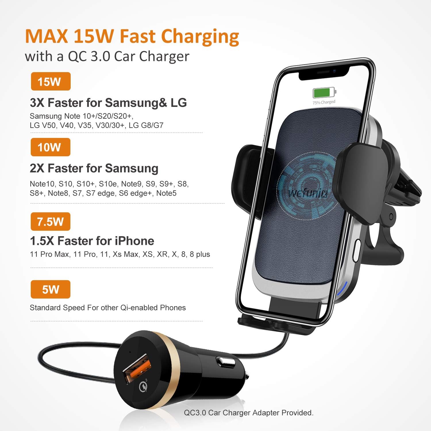 Exclusive Discount 70% Price 15W Auto Wireless Car Charger Phone Holder [Upgraded 2020 Version] Fast Qi Automatic Clamping Charging Mount Dock Compatible with iPhone 13/12/11 Pro Max/XR/Xs/X,Samsung S21 S20 S10 Note 20 10-Wefunix
