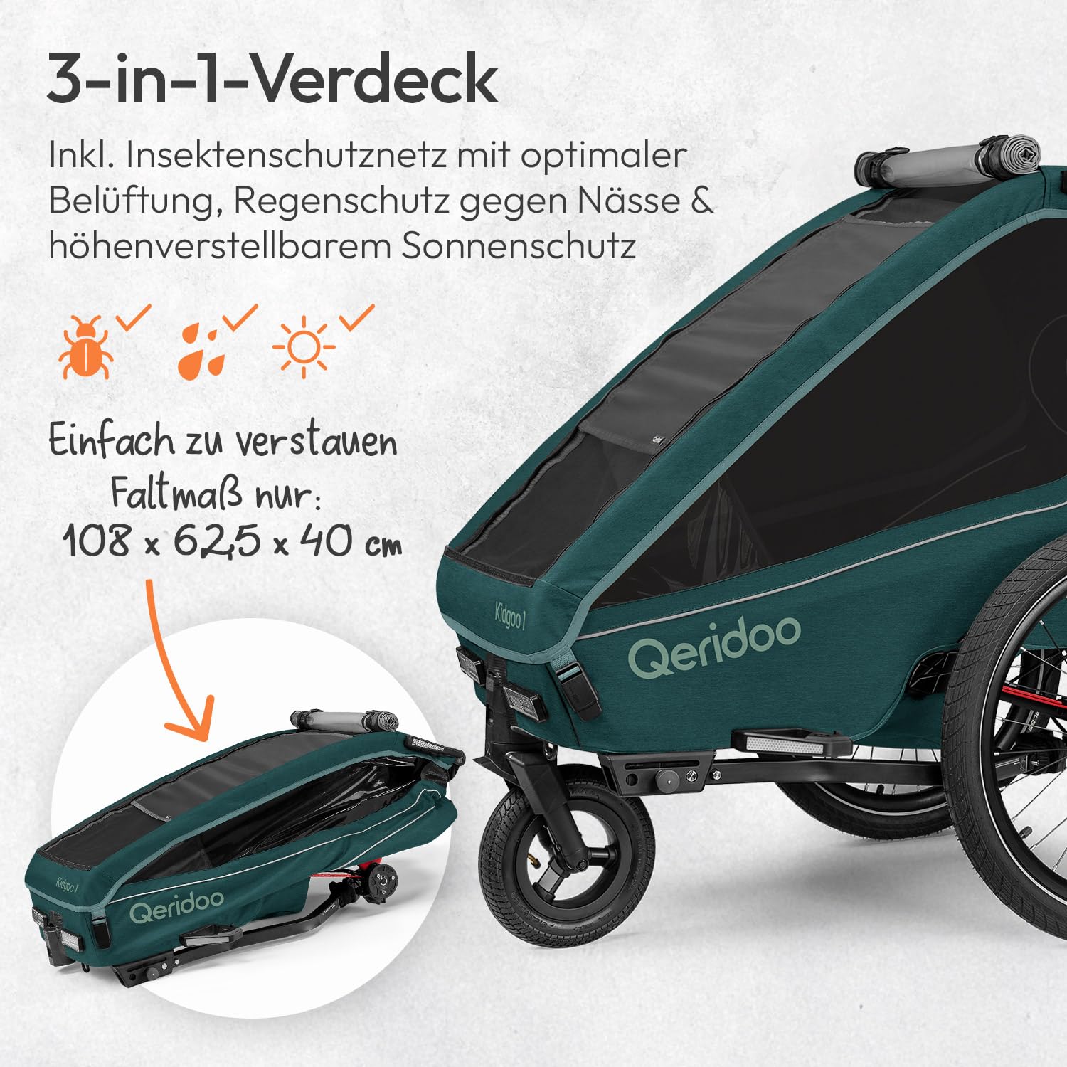 Qeridoo Kidgoo 1 | Fahrradanhänger 1 Kind mit Federung & 3-in-1-Verdeck | Kinderfahrradanhänger & Jogger Kinderwagen | Faltbarer Fahrrad Anhänger Kinder | Komfortabler Kinderanhänger Fahrrad