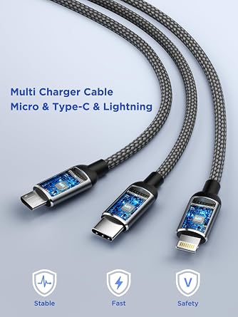 Multi Charger Cable, 3 in 1 Fast Charging Cable [1.2M] 3A Nylon Braided Multiple Charger Cable with Micro USB Type C Lightning Connector for iPhone 17 16 15 14, Samsung, Huawei, Nexus, LG, Nokia, Sony