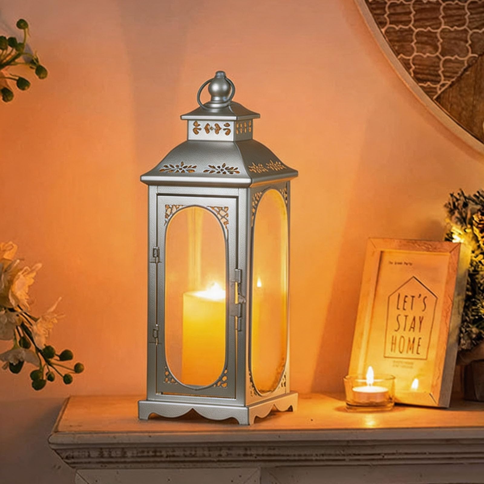Lanterna argentata per candele, decorativa, 34 cm, in metallo, per esterni