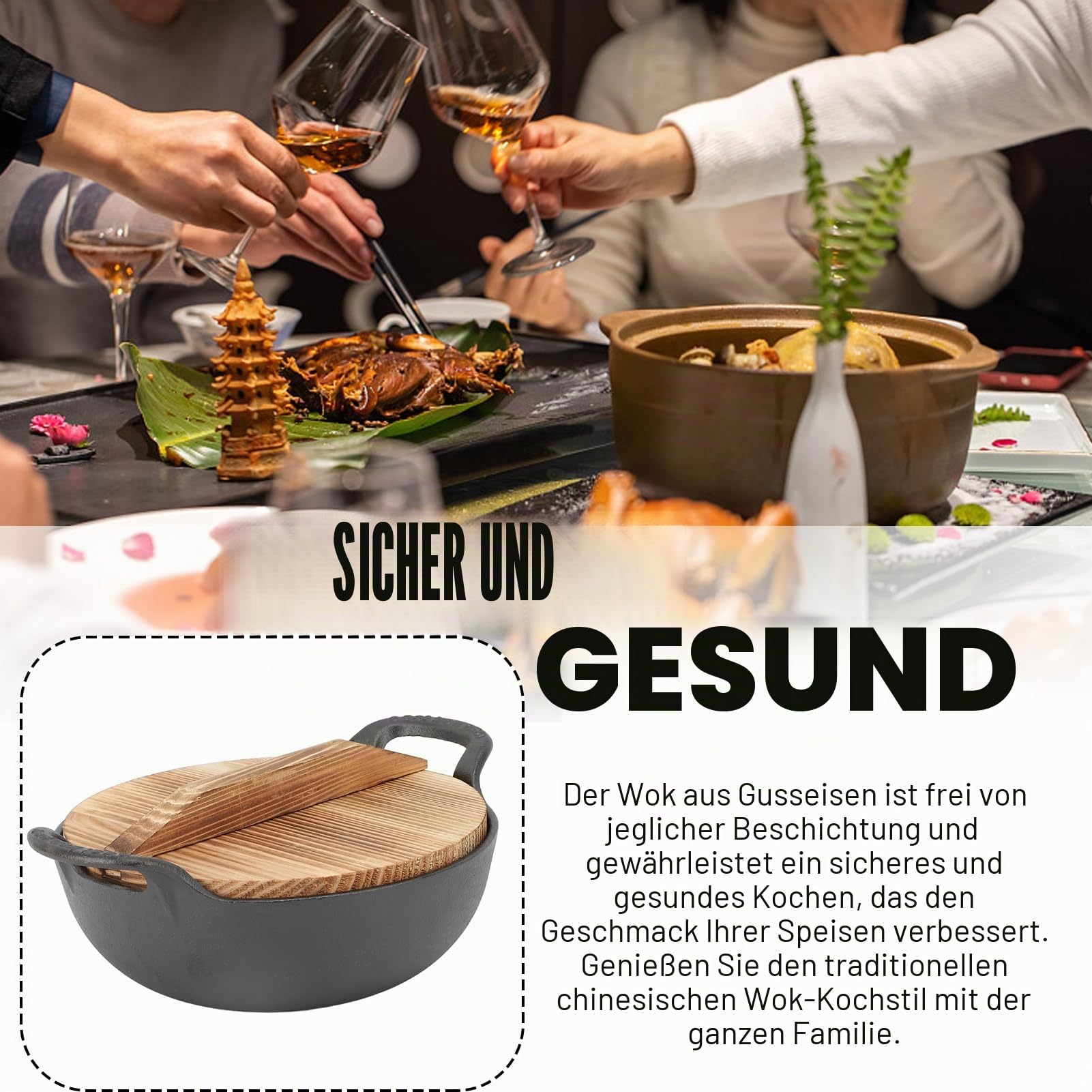 Wokpfanne GusseisenWok mit 2 Griffen, Holzdeckel, holidyoyo gusseisen Bratpfanne mit flachem Boden, WokPfanne mit Deckel unbeschichtet, zum Rhren Frittieren Grillen (20cm)