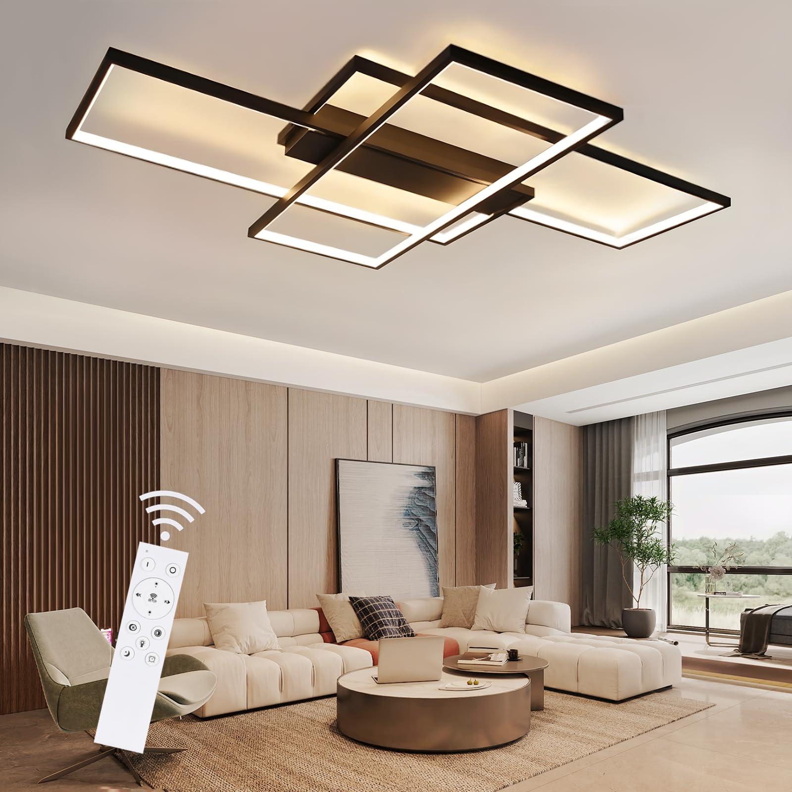GBLY Deckenlampe LED Deckenleuchte Wohnzimmer 100cm Dimmbar Wohnzimmerlampe | 88W Schwarz Modern Rechteck Schlafzimmerlampe groß Geometrisch Schlafzimmer Büro Küche lampe Fernbedienung