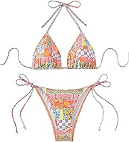 ZAFUL Women's Printed Plaid Triangle Halter Bikini Set - High Cut Side Tie 2-Piece Swimsuit