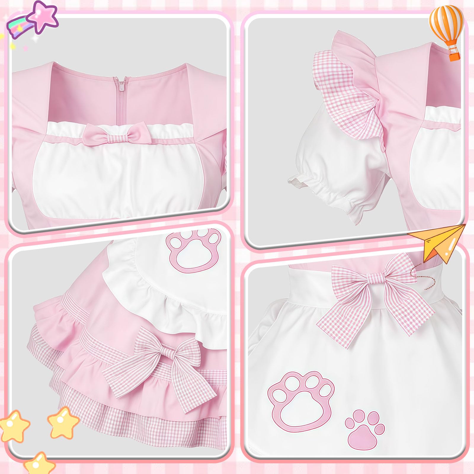 Maid Outfit Déguisement Lolita Cosplay Anime Outfit French Maid avec Oreilles de Chat Collier Cloche Chaussettes Costume de Soubrette Chat pour Halloween Carnaval Fête Cosplay Noël