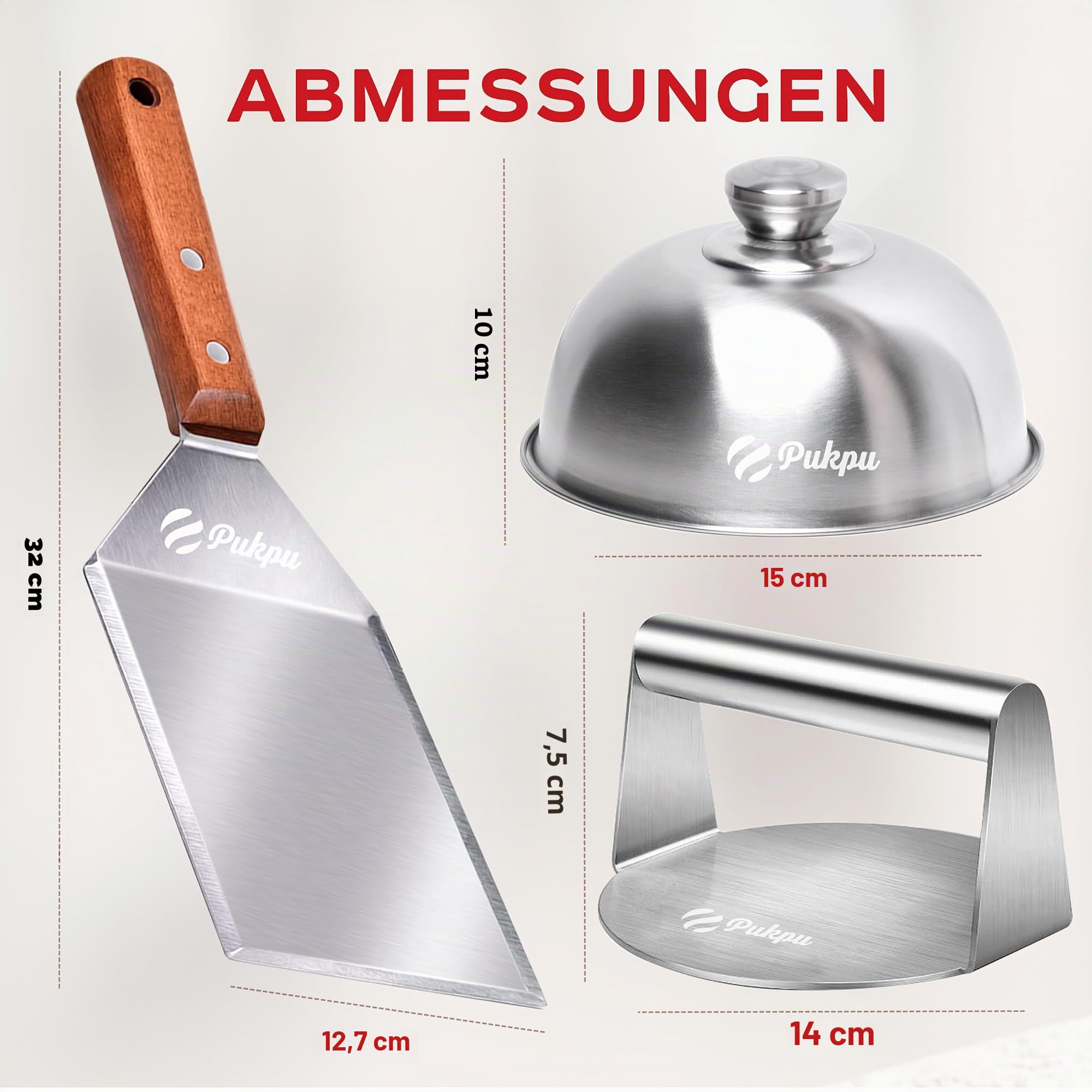 Smash Burger Set 3-teilig Holzgriff – Burgerpresse Edelstahl, Burgerglocke & Grillspachtel – Smashburger Zubehör für Plancha, Grill & BBQ