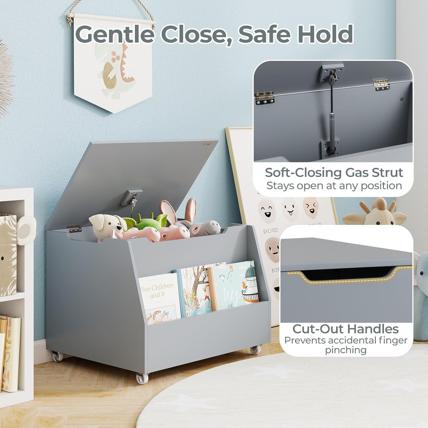 Costzon Kids Toy Box, Wooden Toy Storage Organizer for Girls Boys, Toy Storage Chest Bench for Toddler Room, Playroom, Bedroom, Living Room, Nursery (Classic, Gray)