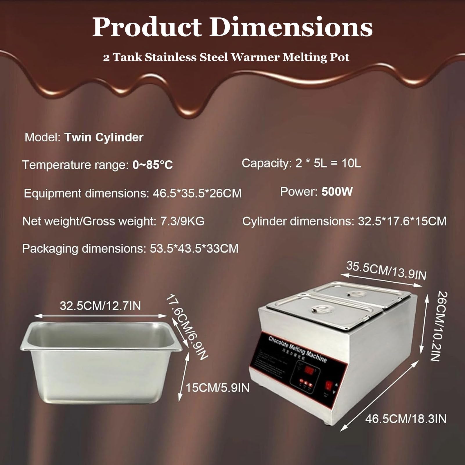 Fondoir à Chocolat 500 W, tempéreuse à Chocolat Professionnelle avec contrôle de température de 0 à 85 °C pour Faire Fondre Le Beurre, Le Fromage, la crème et Les Bonbons Twin-Cylinder