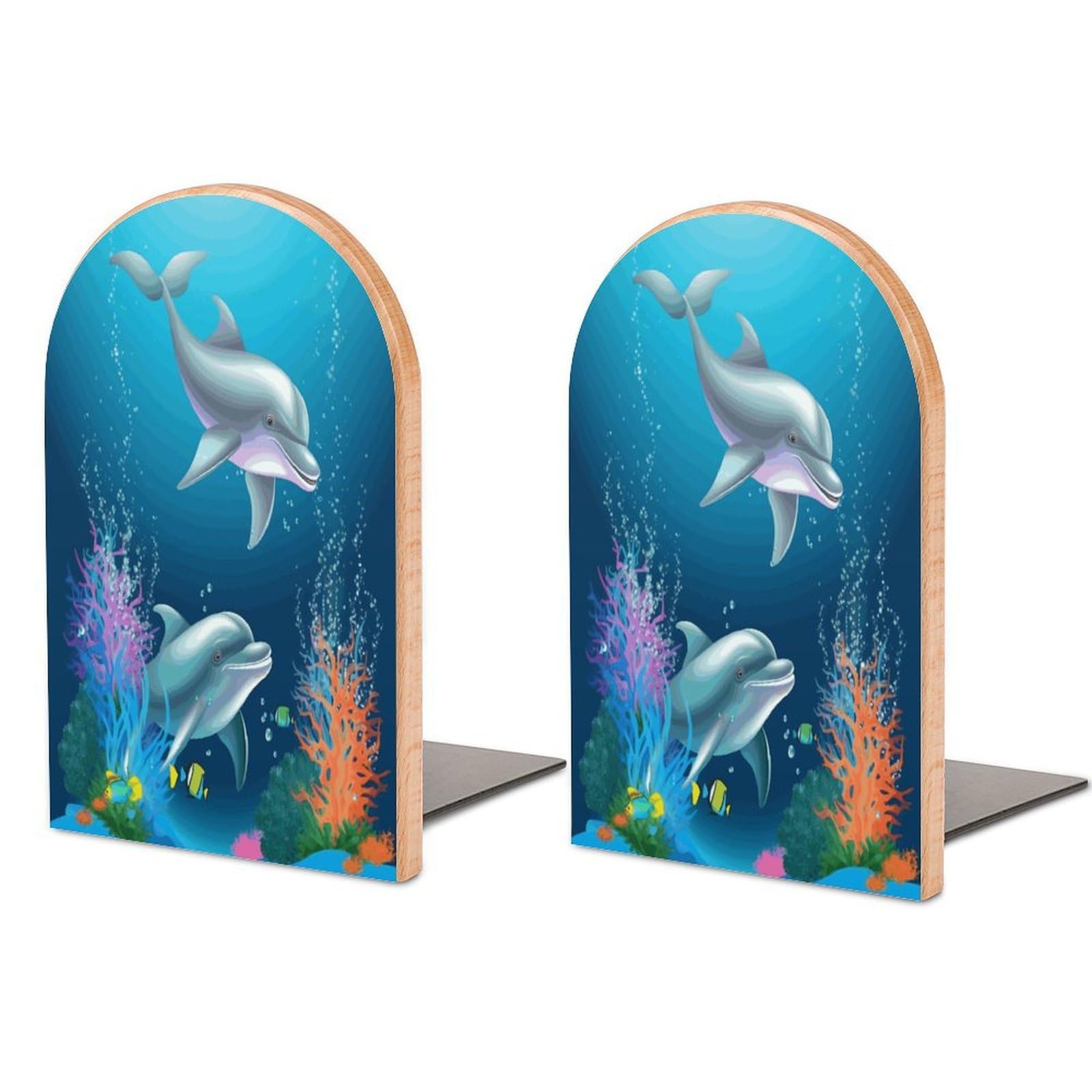 Dolphin and Fish Bookend for Shelves Non-Skid Book Holder Modern Heavy Duty Bookend Stopper Metal Base Wood Book End Books Shelf Holder Home Decorative 1pair 5x3.9x3.1