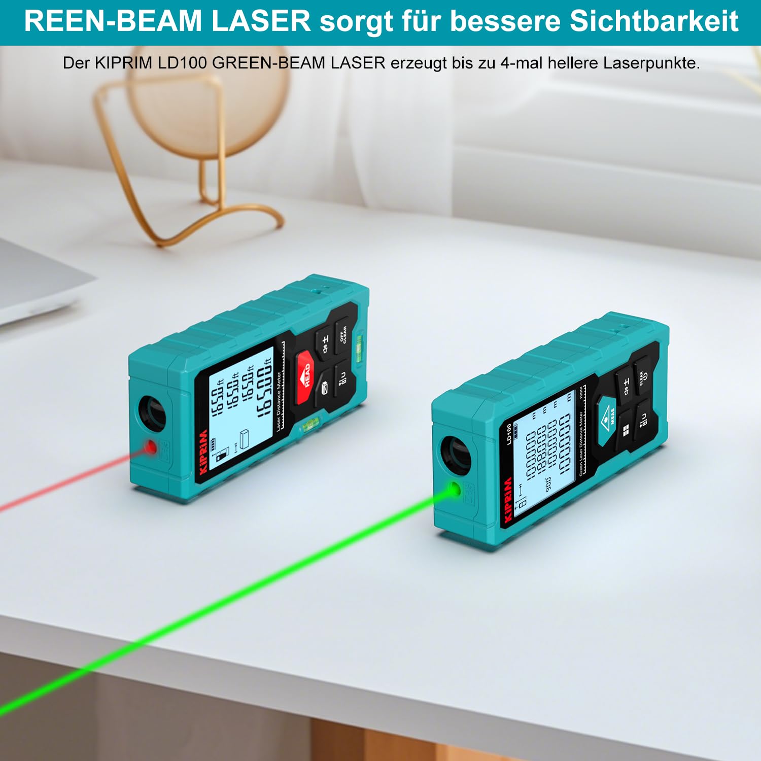 Kiprim Laser-Entfernungsmesser Grün, 100 m Digitales Messgerät mit USB-Typ-C-Akku, ±2 mm Genauigkeit, Elektronische Libelle, 10 Messmodi, Klasse II Laser, Reflektorplatte, LD100