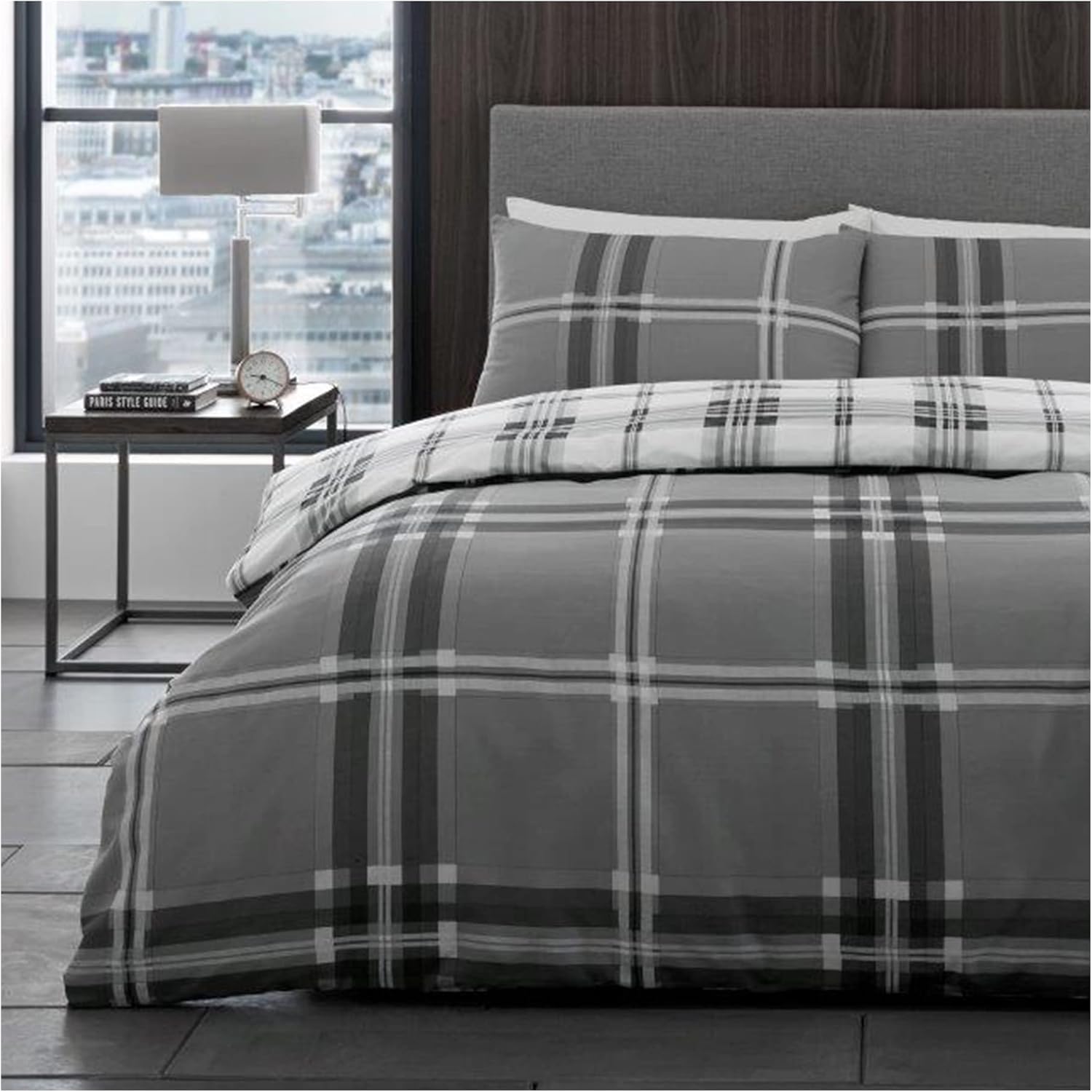 Lions Bardsley Check Grey Tartan Check Grey Reversible Ultra Soft Duvet Cover Set Single Bed Size With Pillowcase, Reversible Plaid Quilt Covers, Machine Washable, 137X200cm