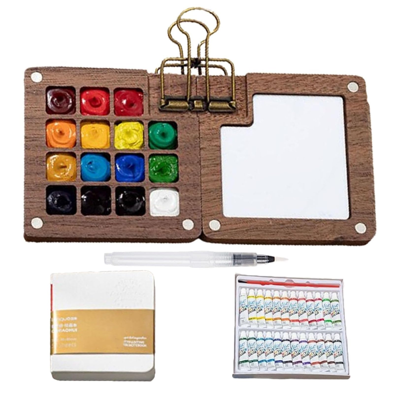 Set Mini Tavolozza Acquerelli Da Viaggio - 15 Scomparti, Con Pennelli E Quaderno, Legno E Magnetica