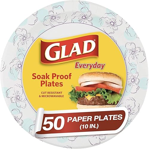 Glad 10 Inch Round Paper Plates 50 Count - Heavy Duty Round Disposable Plates for Parties - Sturdy, Soak Proof, Microwave Safe Plates - Large, Thick Plates for Dinner - Bulk Microwavable Paper Plates