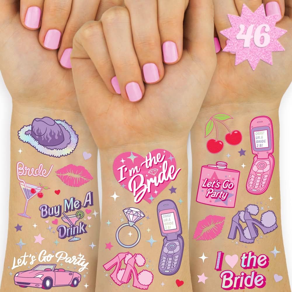 Pink Bachelorette Temporary Tattoos - 46 Foil Styles | Bachelorette Party Decoration, Bach Party Favor, Girly Y2k, Cute