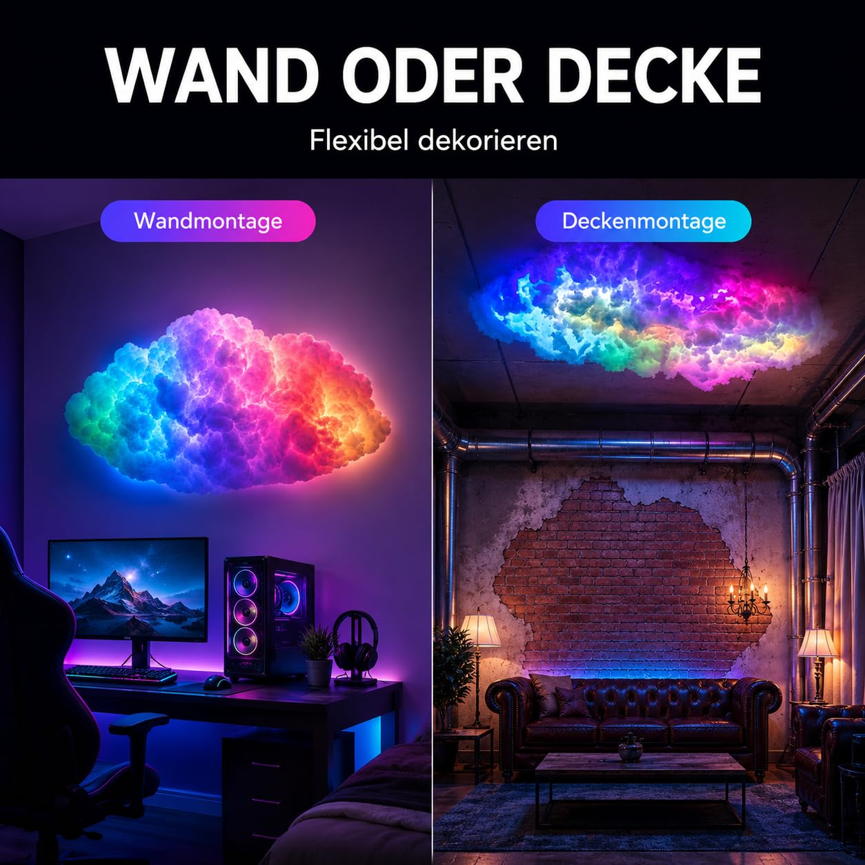 Rgb-Gewitterwolkenlampe Intelligente Led-Nachtlichter Sehr Coole Diy-Kreativwolkenlichter, Schlafzimmer-E-Sport-Raumdekor füR Verschiedene Festivals,Rgb,16ft/5m