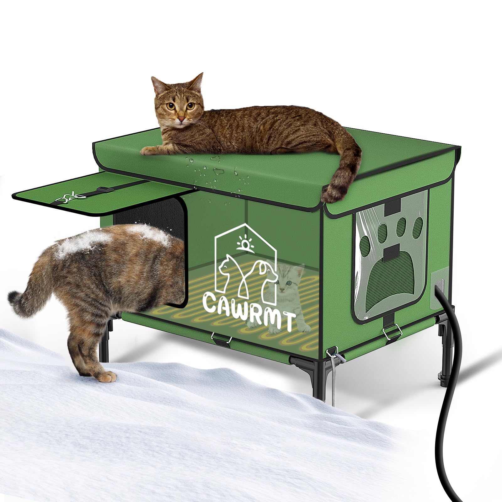 Unbreakable Heated Cat House for Outdoor Cat in Winter, Waterproof & Windproof, Insulated Feral Cat Shelter Kitty Bed with Safety Pet Heating Pad for Outside Stray Cat (Green, 13.8''x21.7''x17.8'')