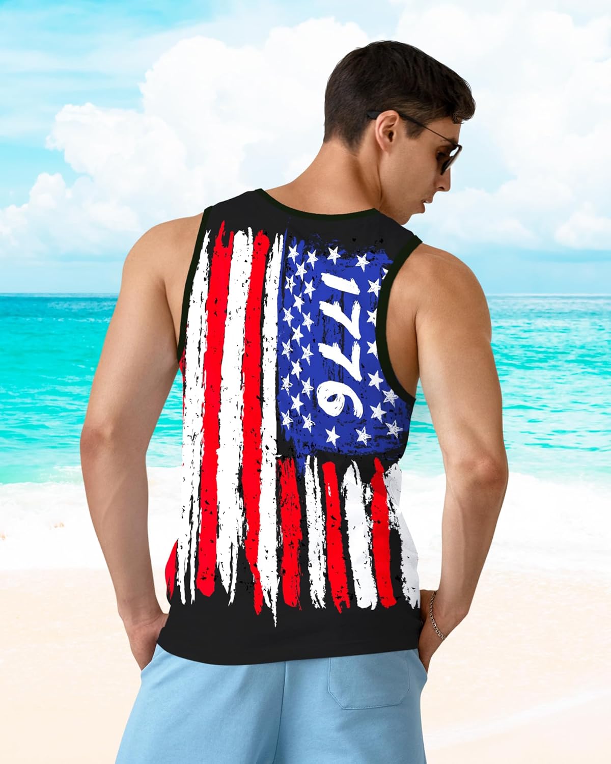 Mens Beach Tank Tops Sleeveless Shirts for Men Summer American Flag Print Graphic Mens Workout Gym Shirts Palm Tree Tops - Image 5