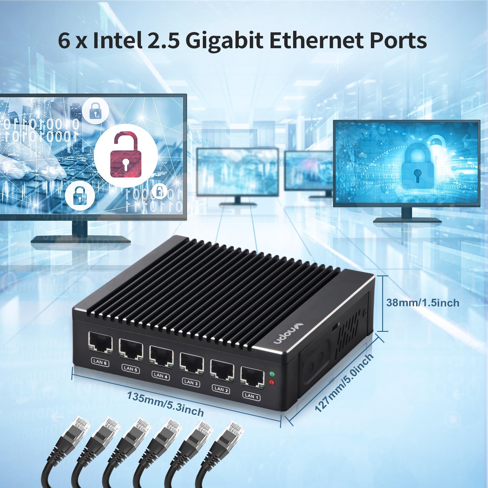 VNOPN Fanless Firewall Appliance Intel J3710 4C/4T, Firewall Mini PC 4 x Intel i226 LAN Ports DDR3 mSATA SSD, Network Gateway Soft Router, Support P-F-Sense AES NI HD/VGA/Wi-Fi (): 8G 128G/ 6LAN