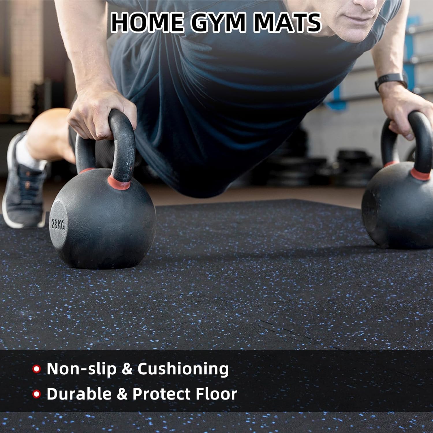 0.56in Thick 48 Sq Ft Exercise Equipment Mats, 12 Tiles Rubber Top EVA Foam Workout Mats, Interlocking Gym Flooring for Home Gym, 24 x 24in, Black & Blue