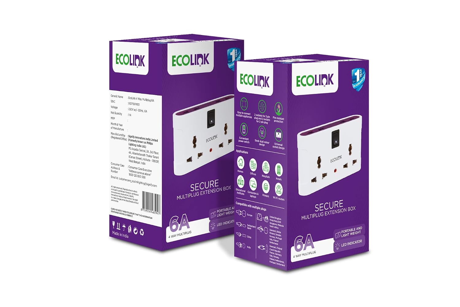 EcoLink Secure 4-Way 6A Universal Multiplug Adapter highlighting features
